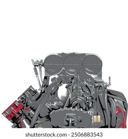 Outline grey and painted engine . Isolated in black background, for t-shirt design, print. and for business purposes.