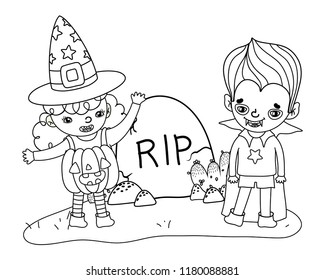 outline gril and boy with halloween costume and rip stone