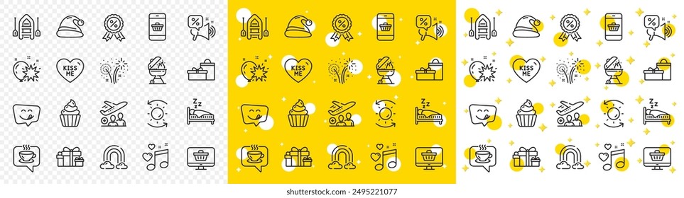 Outline Grill, Coffee and Santa hat line icons pack for web with Kiss me, Rainbow, Discounts offer line icon. Discount medal, Yummy smile, Gifts pictogram icon. Smartphone buying. Vector