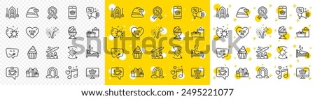 Outline Grill, Coffee and Santa hat line icons pack for web with Kiss me, Rainbow, Discounts offer line icon. Discount medal, Yummy smile, Gifts pictogram icon. Smartphone buying. Vector