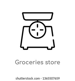 outline groceries store scale vector icon. isolated black simple line element illustration from measurement concept. editable vector stroke groceries store scale icon on white background
