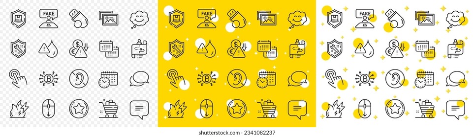 Outline Grocery basket, Cursor and Calendar time line icons pack for web with Messenger, Waterproof, Bitcoin system line icon. Smile, Scroll down, Loyalty star pictogram icon. Vector