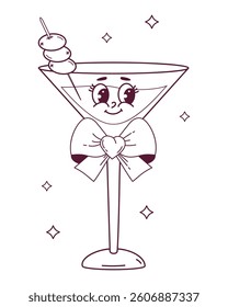 Outline Groovy Glass Cocktail Character Martini with Coquette Ribbon Bow. Aesthetic Vintage Drink with Olives. Romantic Girly Vibe. Vector illustration 70s, 80s. Line drawing, coloring book