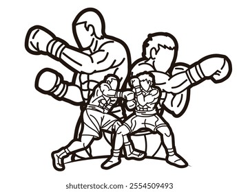 Outline Group of Fighter Boxing Sport  Silhouette Boxer Mix Action Cartoon Graphic Vector