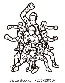 Outline Group of Fighter Boxing Sport Boxer Men Fighting Punching Mix Action Cartoon Graphic Vector