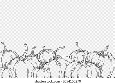 Outline group of pumpkins hand draw with brush style isolated on png or transparent texture,Halloween party background ,element template for poster,brochures, online advertising,vector illustration 