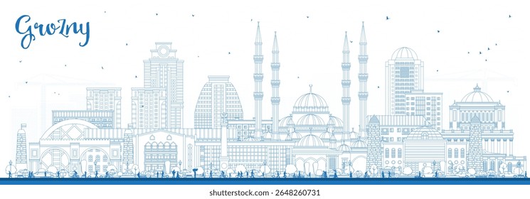 Outline Grozny Russia city skyline with blue buildings. Vector illustration. Grozny cityscape with landmarks. Business travel and tourism concept with modern and historic architecture.