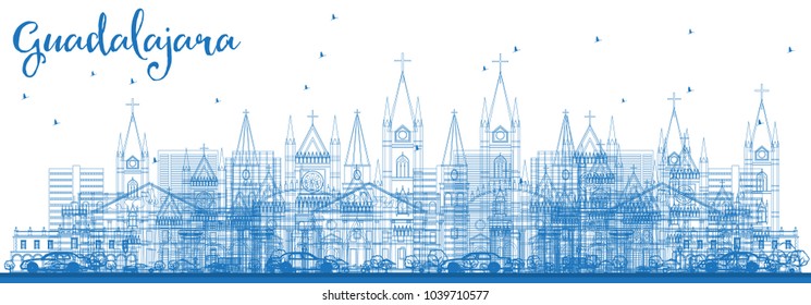 Outline Guadalajara Mexico City Skyline with Blue Buildings. Vector Illustration. Business Travel and Tourism Concept with Historic Architecture. Guadalajara Cityscape with Landmarks.