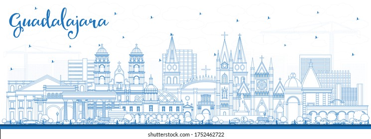 Outline Guadalajara Mexico City Skyline with Blue Buildings. Vector Illustration. Tourism Concept with Historic and Modern Architecture. Guadalajara Cityscape with Landmarks.