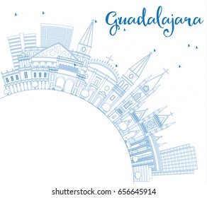 Outline Guadalajara Skyline with Blue Buildings and Copy Space. Vector Illustration. Business Travel and Tourism Concept with Historic Architecture. Image for Presentation Banner Placard and Web Site.
