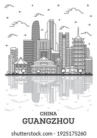 Outline Guangzhou China City Skyline with Modern Buildings and Reflections Isolated on White. Vector Illustration. Guangzhou Cityscape with Landmarks. 