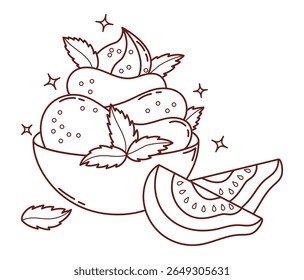 Outline Guava Creamy sweet dessert ice cream in plate with Mint and tropical fruit slices. Line drawing, coloring book. Vector Illustration. Exotic food for summer, menu design and healthy themes
