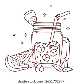Contorno Guava Beba com cubos de gelo em frasco de pedreiro e fatias de frutas tropicais. Verão Refrescante Cocktail, smoothie com palha e Mint folhas. Desenho de linha, livro de colorir. Ilustração vetorial