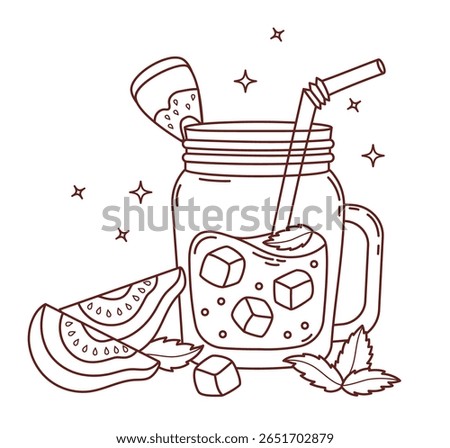 Outline Guava Drink with ice cubes in mason jar and tropical Fruit slices. Summer Refreshing Cocktail, smoothie with straw and Mint leaves. Line drawing, coloring book. Vector illustration