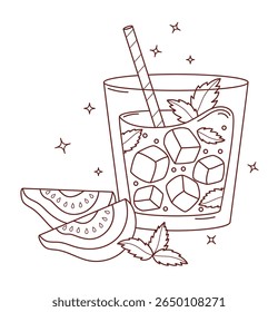 Outline Guava Drink with Ice and Mint leaves and tropical slices. Summer Fruit Refreshing Cocktail with striped straw. Line drawing, coloring book. Vector Illustration. Not ai