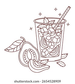 Contorno Guava Beber com gelo e hortelã folhas e fatias tropicais. Cocktail Refrescante de frutas de verão com palha. Desenho de linha, livro de colorir. Ilustração de vetor. Não é ai