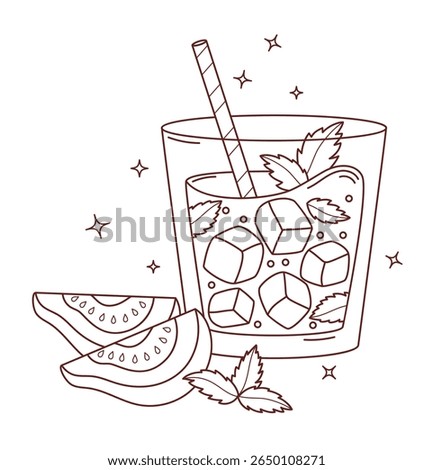 Outline Guava Drink with Ice and Mint leaves and tropical slices. Summer Fruit Refreshing Cocktail with striped straw. Line drawing, coloring book. Vector Illustration. Not ai