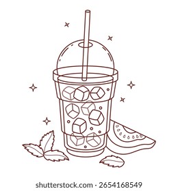 Contorno Guava Beba com lotes cubos de gelo em xícara clara e fatias de frutas tropicais. Verão Refrescante Cocktail, smoothie com palha e Mint folhas. Ilustração de vetor. Desenho de linha, livro de cores