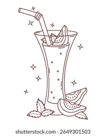 Outline Guava Drink with tropical Fruit slices and Mint leaves. Summer Refreshing Cocktail with glass and straw. Line drawing, coloring book. Vector illustration. Not ai