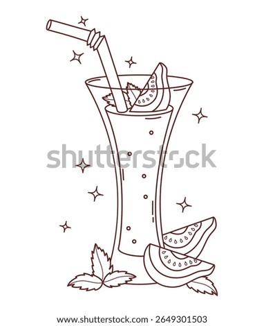 Outline Guava Drink with tropical Fruit slices and Mint leaves. Summer Refreshing Cocktail with glass and straw. Line drawing, coloring book. Vector illustration. Not ai