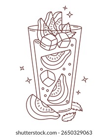 Outline Guava Drink with tropical slices, ice cubes and Mint leaves. Summer Fruit Refreshing Cocktail with glass. Vector Illustration. Line drawing, coloring book. Not ai
