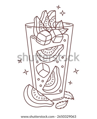 Outline Guava Drink with tropical slices, ice cubes and Mint leaves. Summer Fruit Refreshing Cocktail with glass. Vector Illustration. Line drawing, coloring book. Not ai