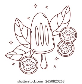 Outline Guava ice cream stick and tropical fruit slices with leaves. Line drawing, coloring book. Vector illustration. Exotic food, sweet dessert for summer, menu design, packaging and healthy themes