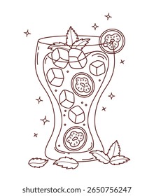 Outline Guava tropical Cocktail with Ice and Mint leaves. Summer Fruit Refreshing Drink with slices guava. Vector Illustration. Line drawing, coloring book. Not ai