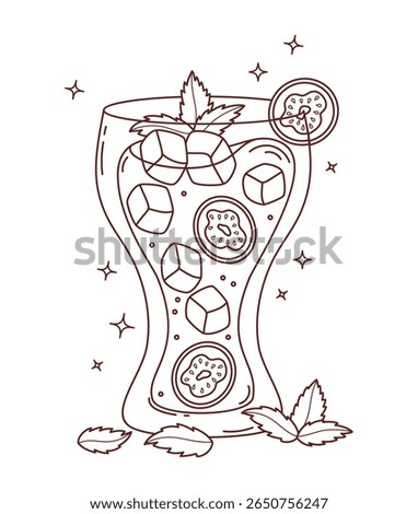 Outline Guava tropical Cocktail with Ice and Mint leaves. Summer Fruit Refreshing Drink with slices guava. Vector Illustration. Line drawing, coloring book. Not ai