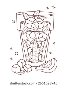 Contorno Bebida tropical de goiaba com folhas de gelo e hortelã. Cocktail Refrescante de frutas de verão com palha e fatias. Ilustração de vetor. Desenho de linha, livro de colorir. Não é ai