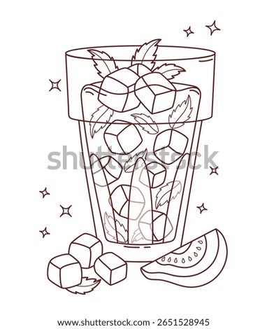 Outline Guava tropical Drink with Ice and Mint leaves. Summer Fruit Refreshing Cocktail with straw and slices. Vector Illustration. Line drawing, coloring book. Not ai