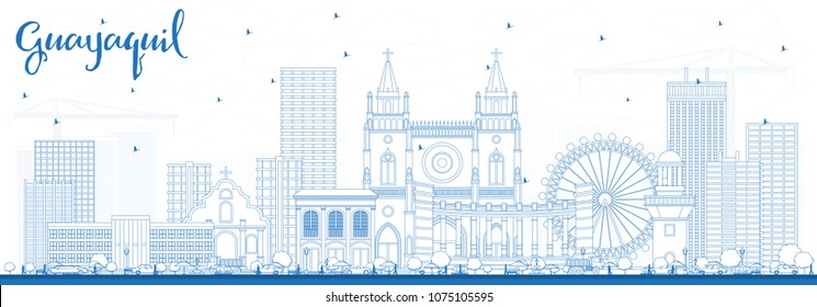 Outline Guayaquil Ecuador City Skyline with Blue Buildings. Vector Illustration. Business Travel and Tourism Concept with Historic Architecture. Guayaquil Cityscape with Landmarks.