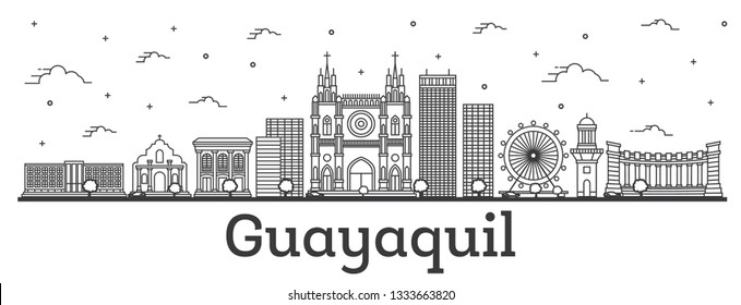 Outline Guayaquil Ecuador City Skyline with Historical Buildings Isolated on White. Vector Illustration. Guayaquil Cityscape with Landmarks.