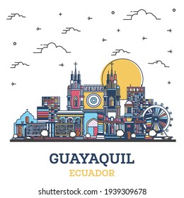 Outline Guayaquil Ecuador City Skyline with Colored Historic Buildings Isolated on White. Vector Illustration. Guayaquil Cityscape with Landmarks.