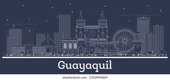 Outline Guayaquil Ecuador City Skyline with White Buildings. Vector Illustration. Business Travel and Tourism Concept with Historic Architecture. Guayaquil Cityscape with Landmarks.