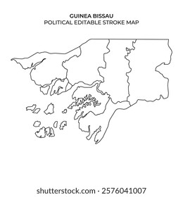 Outline of Guinea Bissau highlighting political divisions. This map features the geographic layout, emphasizing regions for educational or planning purposes.