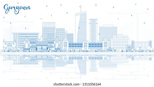 Outline Gurgaon India City Skyline with Blue Buildings and Reflections. Vector Illustration. Business Travel and Tourism Concept with Modern Architecture. Gurgaon Cityscape with Landmarks.