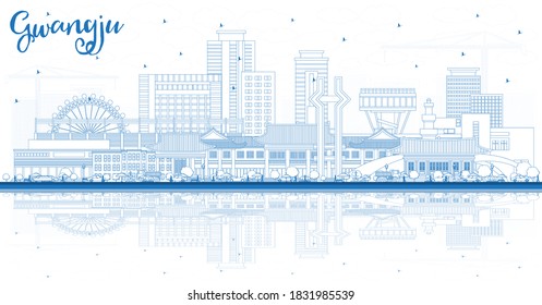 Outline Gwangju South Korea City Skyline with Blue Buildings and Reflections. Vector Illustration. Business Travel and Tourism Concept with Historic and Modern Architecture. Gwangju Cityscape.