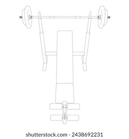 Contorno de banco de gimnasio y barra en soporte blanco aislado sobre fondo blanco. Ilustración vectorial. Vector de arte de línea de Barbell Bench Press. Vista superior. 3P.