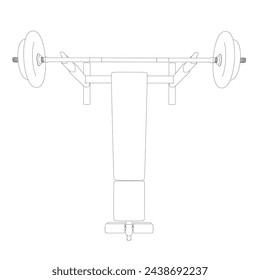 Contorno de banco de gimnasio y barra en soporte blanco aislado sobre fondo blanco. Ilustración vectorial. Vector de arte de línea de Barbell Bench Press. Vista superior. 3P.