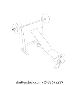 Contorno de banco de gimnasio y barra en soporte blanco aislado sobre fondo blanco. Ilustración vectorial. Vector de arte de línea de Barbell Bench Press. Vista isométrica. 3P.