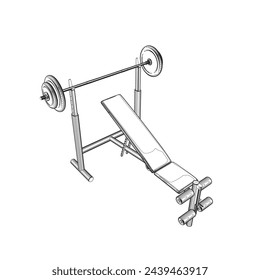 Contorno de banco de gimnasio y barra en soporte blanco aislado sobre fondo blanco. Ilustración vectorial. Vector de arte de línea de Barbell Bench Press. Vista isométrica. 3P.