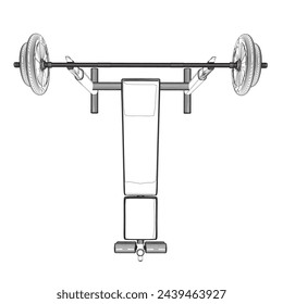 Contorno de banco de gimnasio y barra en soporte blanco aislado sobre fondo blanco. Ilustración vectorial. Vector de arte de línea de Barbell Bench Press. Vista superior. 3P.