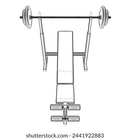 Contorno de banco de gimnasio y barra en soporte blanco aislado sobre fondo blanco. Ilustración vectorial. Vector de arte de línea de Barbell Bench Press. Vista superior. 3P.