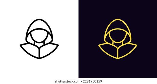 Outline hacker icon, with editable stroke. Hacker with hood, cyber criminal and thief pictogram. Theft personal data and fraud, cyber attack and crime, hacking social media account, scam. Vector icon