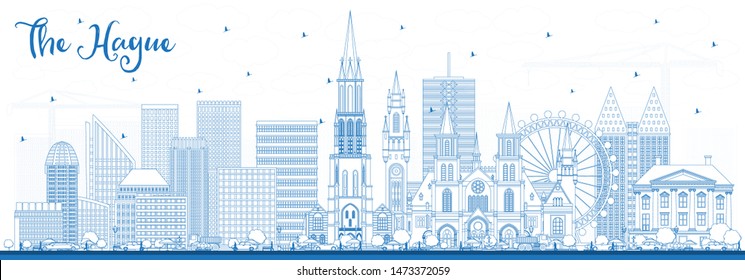 Skyline von Den Haag Niederländischen Stadt mit Blue Buildings umreißen. Business Travel and Tourism Konzept mit historischer Architektur. Haager Stadtbild mit Sehenswürdigkeiten. 