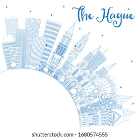 Outline The Hague Netherlands City Skyline with Blue Buildings and Copy Space. Vector Illustration. Business Travel and Tourism Concept with Historic Architecture. Hague Cityscape with Landmarks.