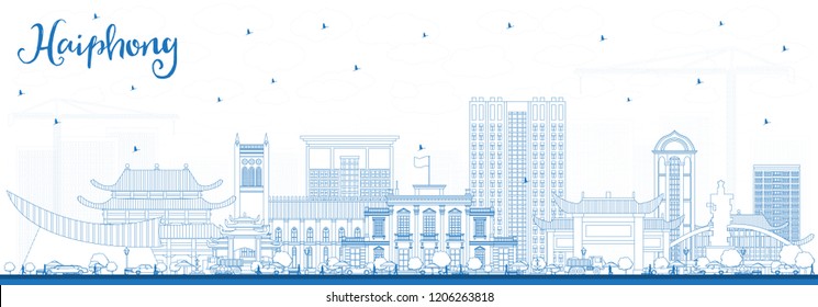 Esbozo de Haiphong Vietnam City Skyline con edificios azules. Ilustración vectorial. Concepto de viajes de negocios y turismo con arquitectura histórica. Paisaje urbano de Haiphong con puntos de referencia.