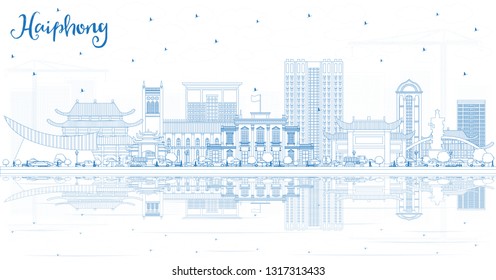 Esbozo de Haiphong Vietnam City Skyline con edificios azules y reflexiones. Ilustración vectorial. Concepto de viajes de negocios y turismo con arquitectura histórica. Paisaje urbano de Haiphong con puntos de referencia.