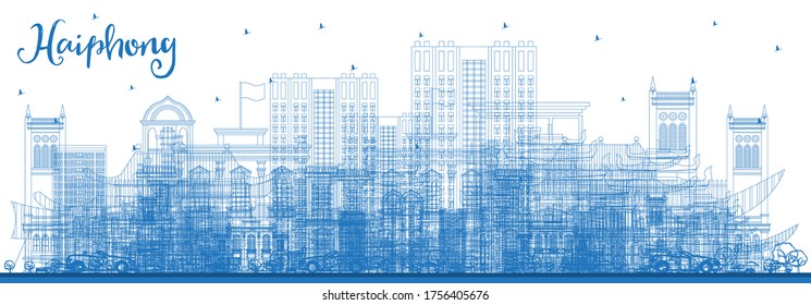 Esbozo de Haiphong Vietnam City Skyline con edificios azules. Ilustración vectorial. Concepto de viajes de negocios y turismo con arquitectura histórica. Paisaje urbano de Haiphong con puntos de referencia.